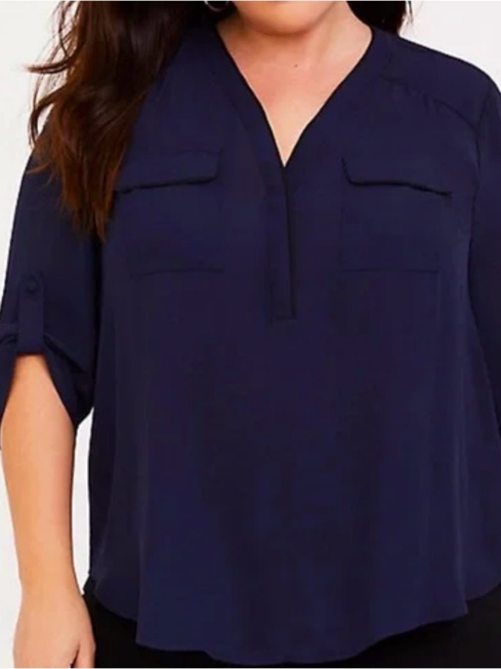 Torrid Women's Navy V-Neck Roll-Sleeve Blouse